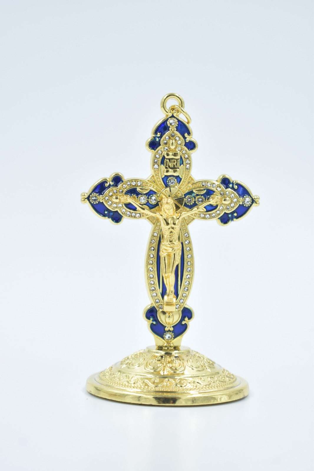 Gold and Blue Car Crucifix Statue | Unique Religious Figure for Vehicle Dashboard