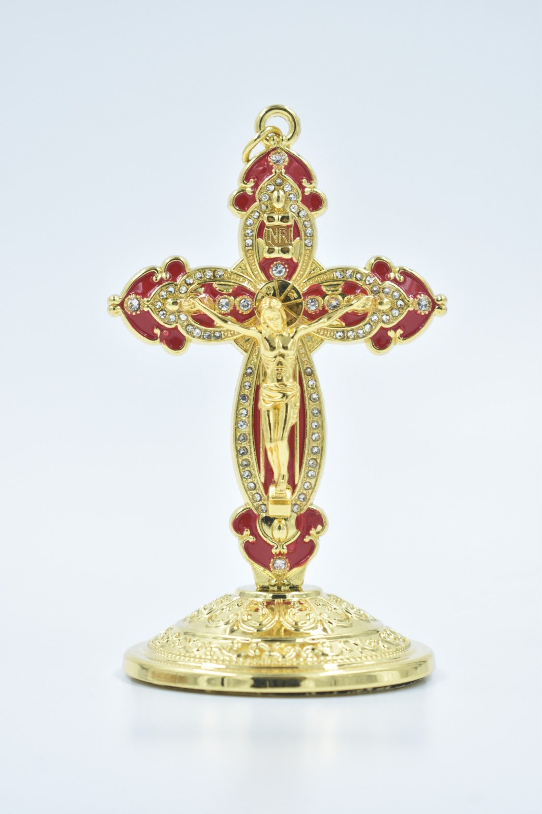 Gold and Red Car Crucifix - Elegant and Protective Religious Accessory for Your Vehicle