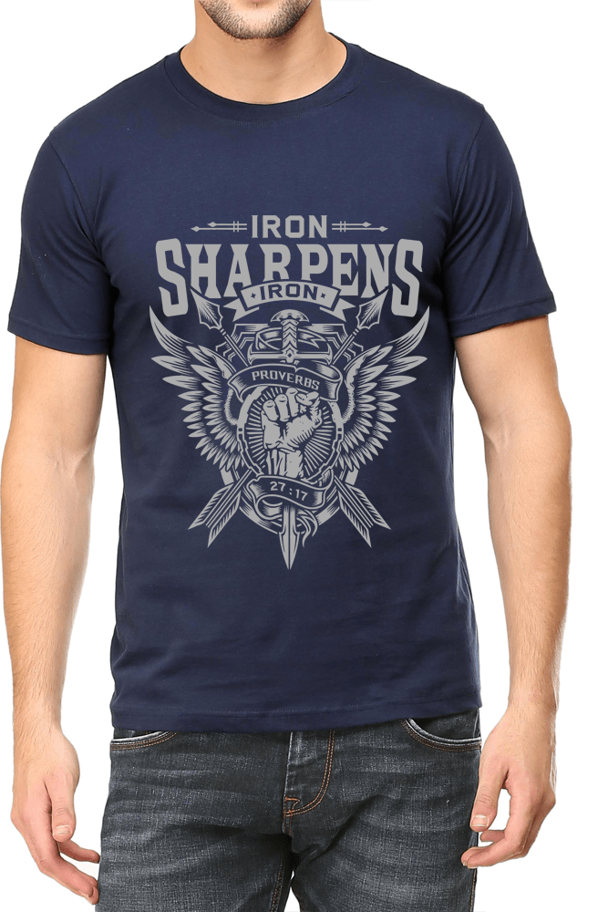 Living Words Men Round Neck T Shirt S / Navy Blue Iron sharpens iron - Christian T-Shirt