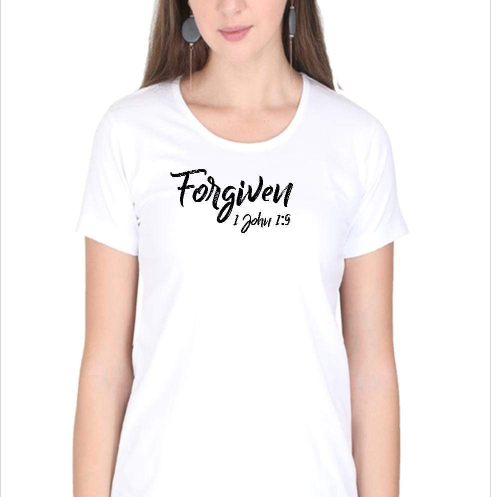 Living Words Women Round Neck T Shirt S / White Forgiven 1 John 1:9 - Christian T-Shirt