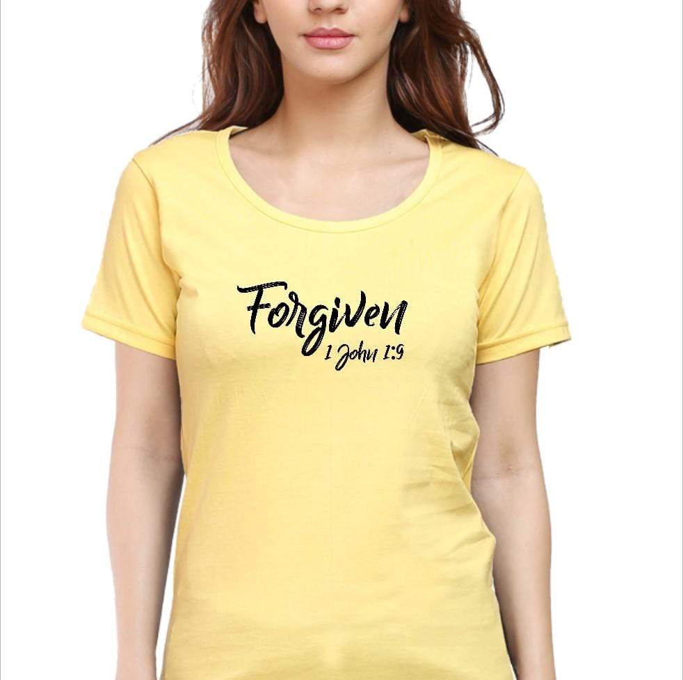 Living Words Women Round Neck T Shirt S / Yellow Forgiven 1 John 1:9 - Christian T-Shirt