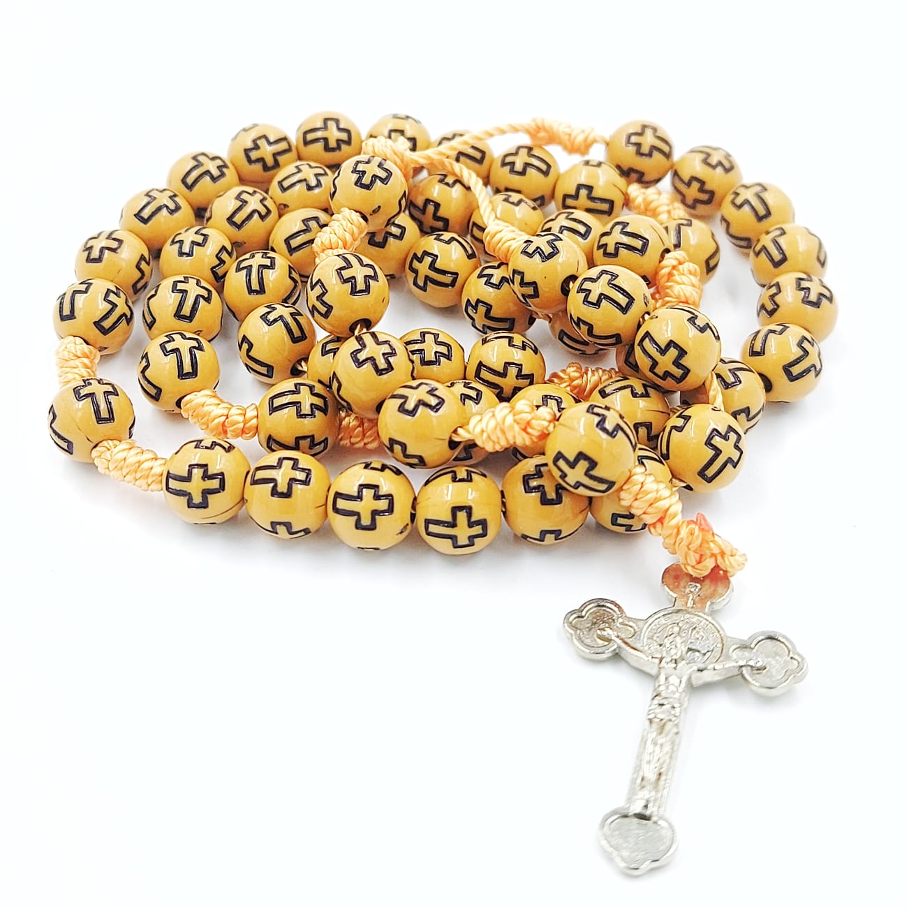 6mm Cross Beads Thread Rosary with Metal Crucifix-Wood-R148