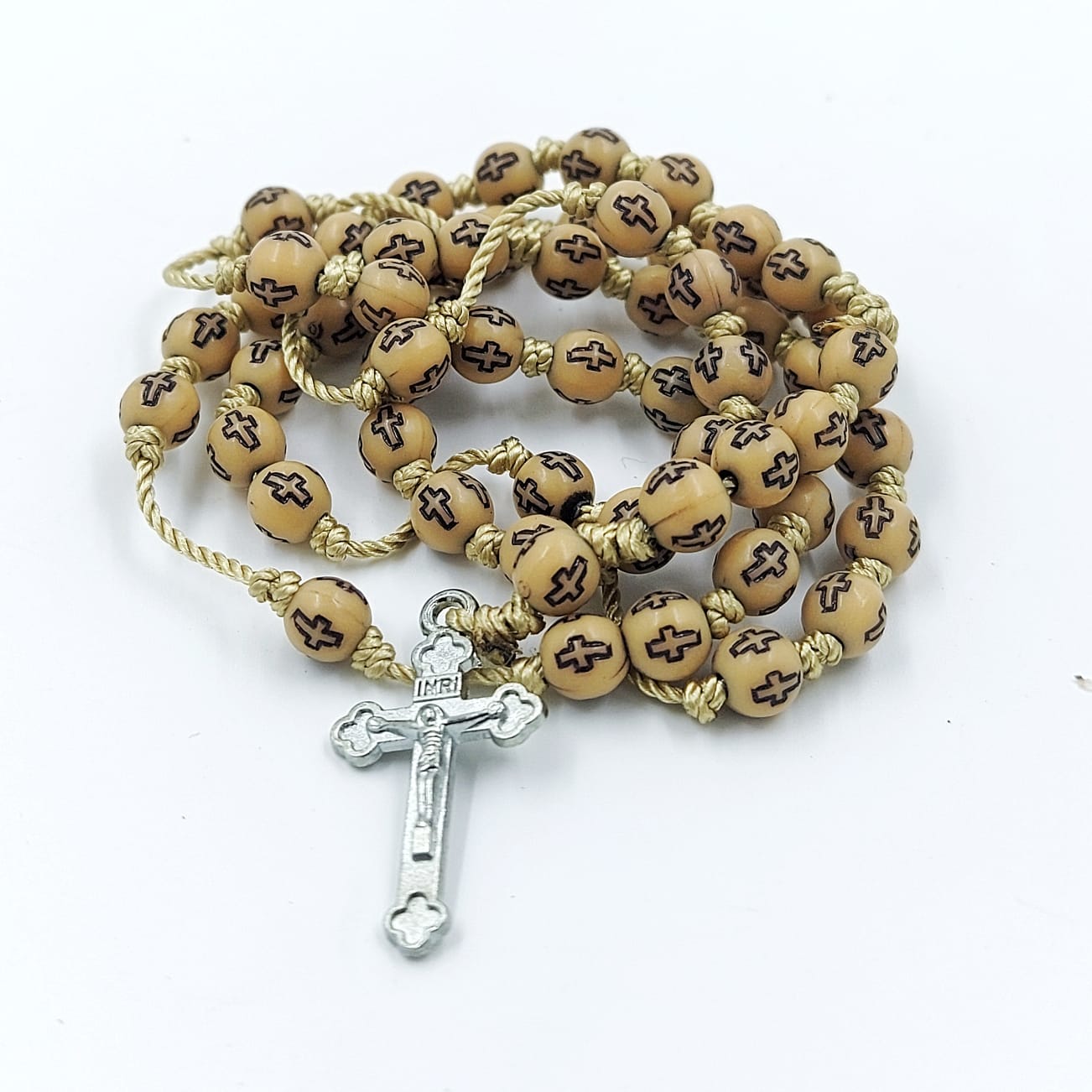 Cross Beads Thread Rosary (Round)with Metal Crucifix-Cream -R151