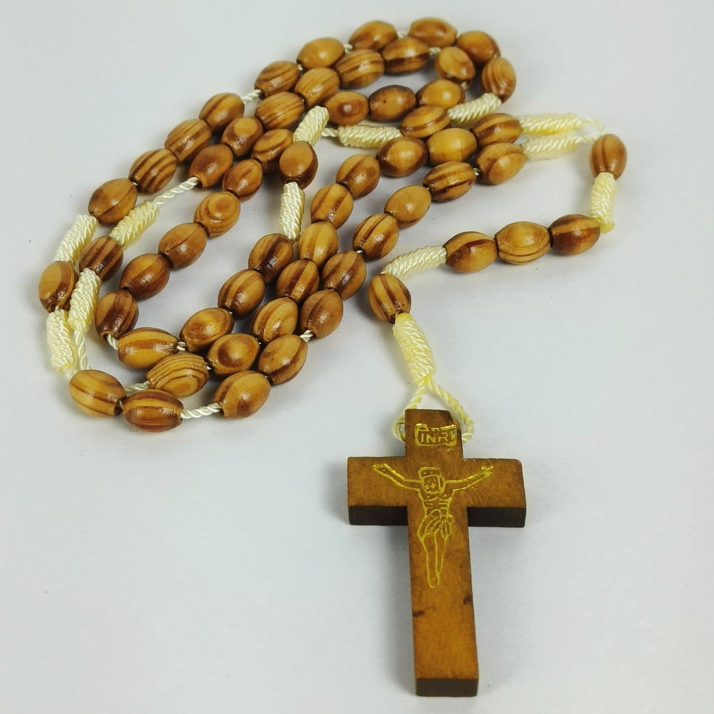 8 x 6 Cross Wood Thread Rosary (Oval) Light  Brown-R105