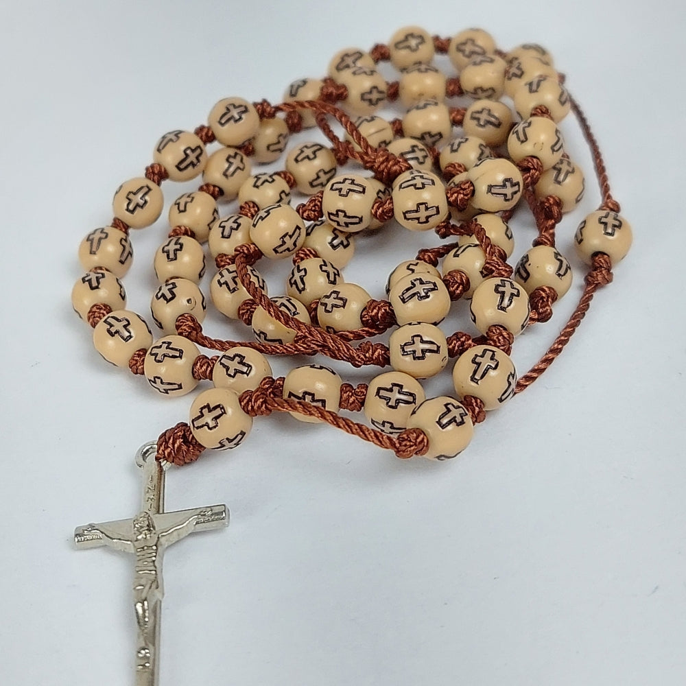 Cross Beads Thread Rosary (Round)with Metal Crucifix-Cream & Brown-R112