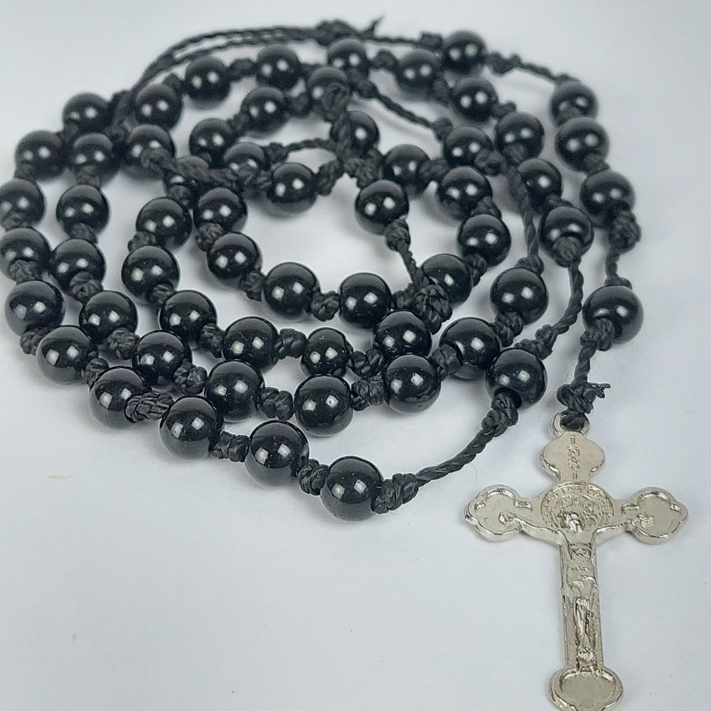 Glass Beads Thread Rosary with Metal Crucifix-Black-R113