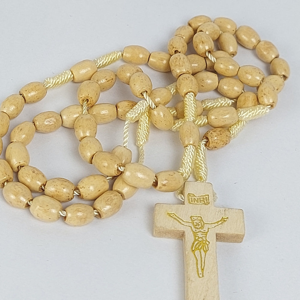 Cross Wood Thread Rosary (Oval) Light Brown-R107