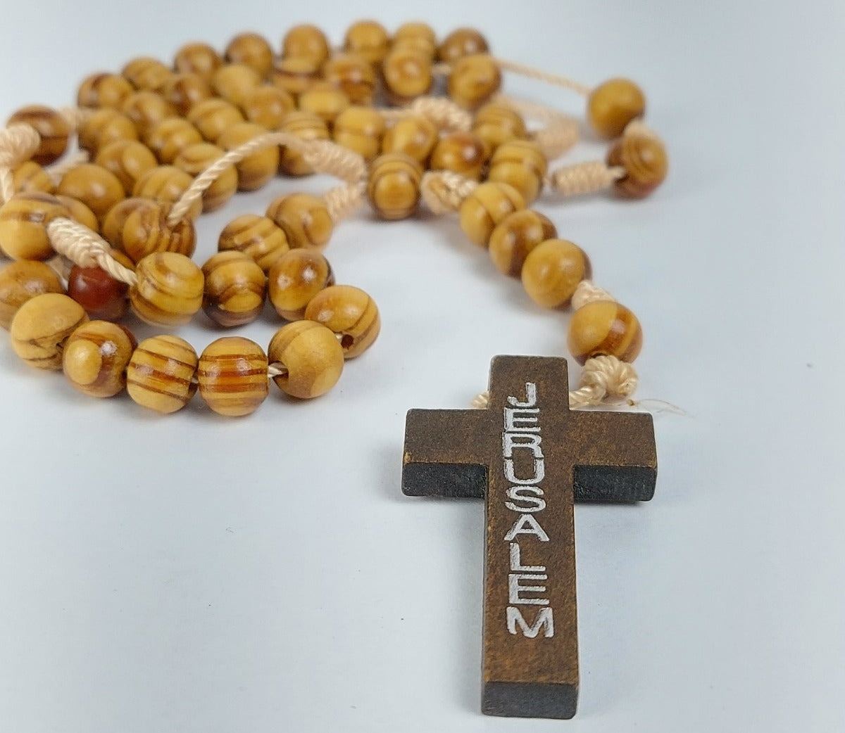 7x8 Cross Wood Thread Rosary (Round) Light Brown-R104