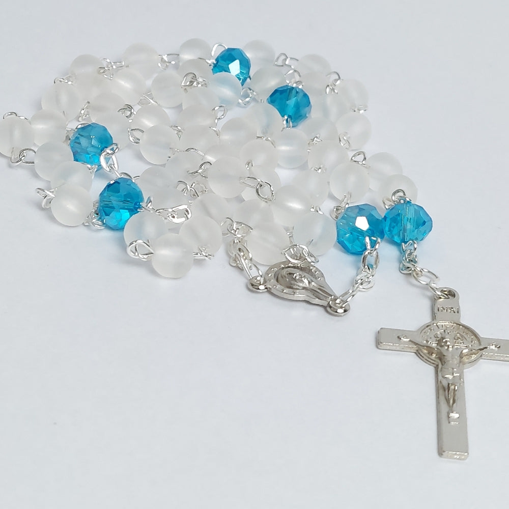 Glass White Beads Wire Rosary with Blue Crystals-R126