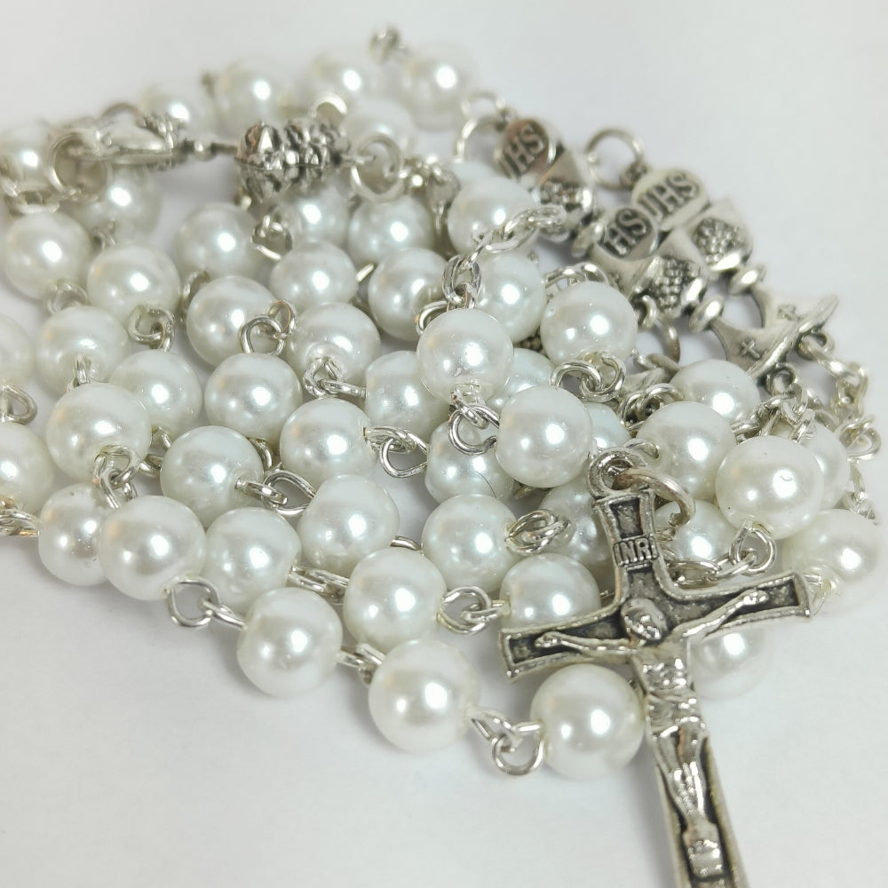 8mm Pearl Chalice Rosary White - R134