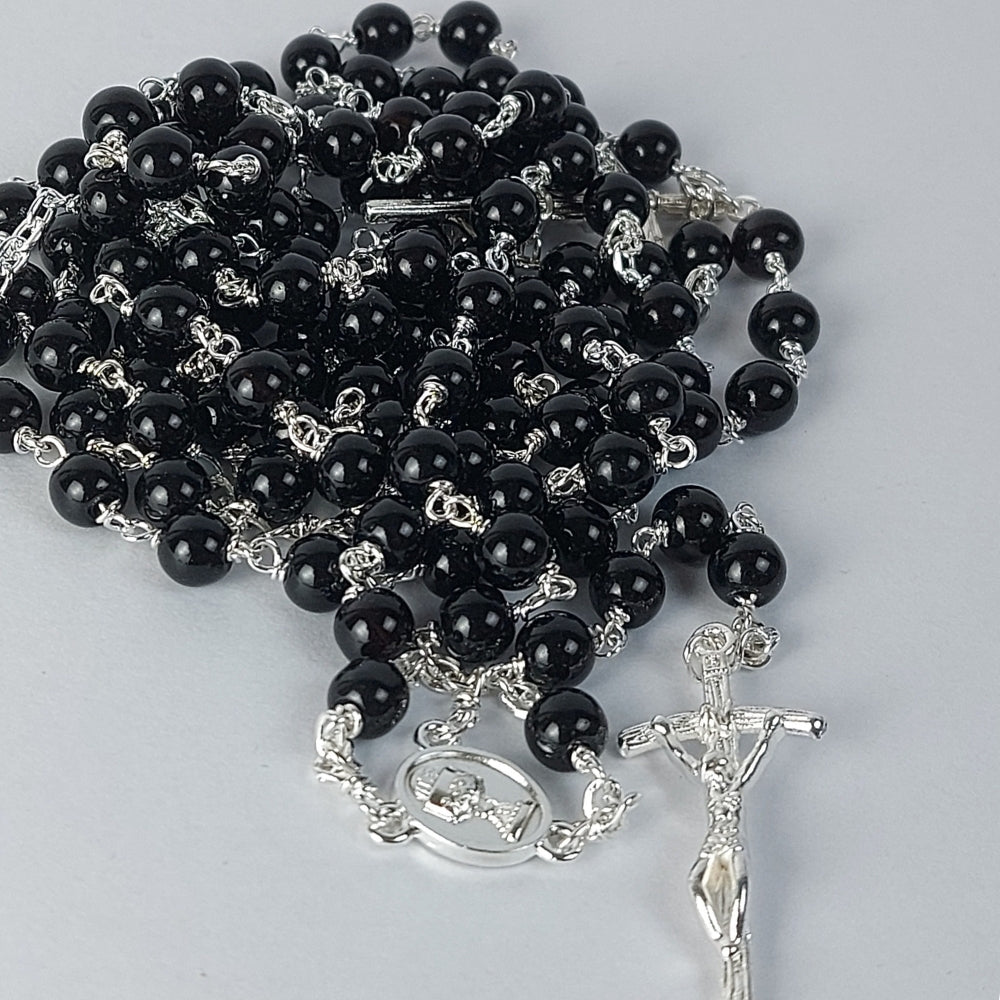 Glass Beads Wire Rosary Black with Chalice Medal-R120