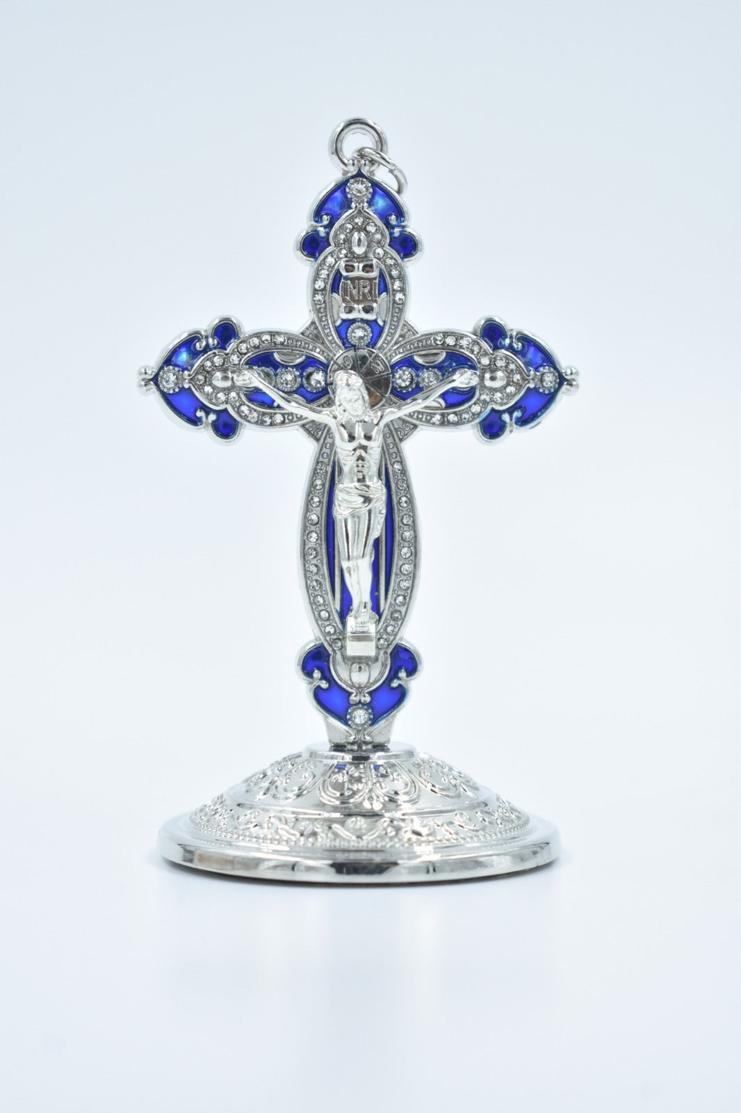 Silver and Blue Car Crucifix - Elegant and Protective Religious Accessory for Your Vehicle