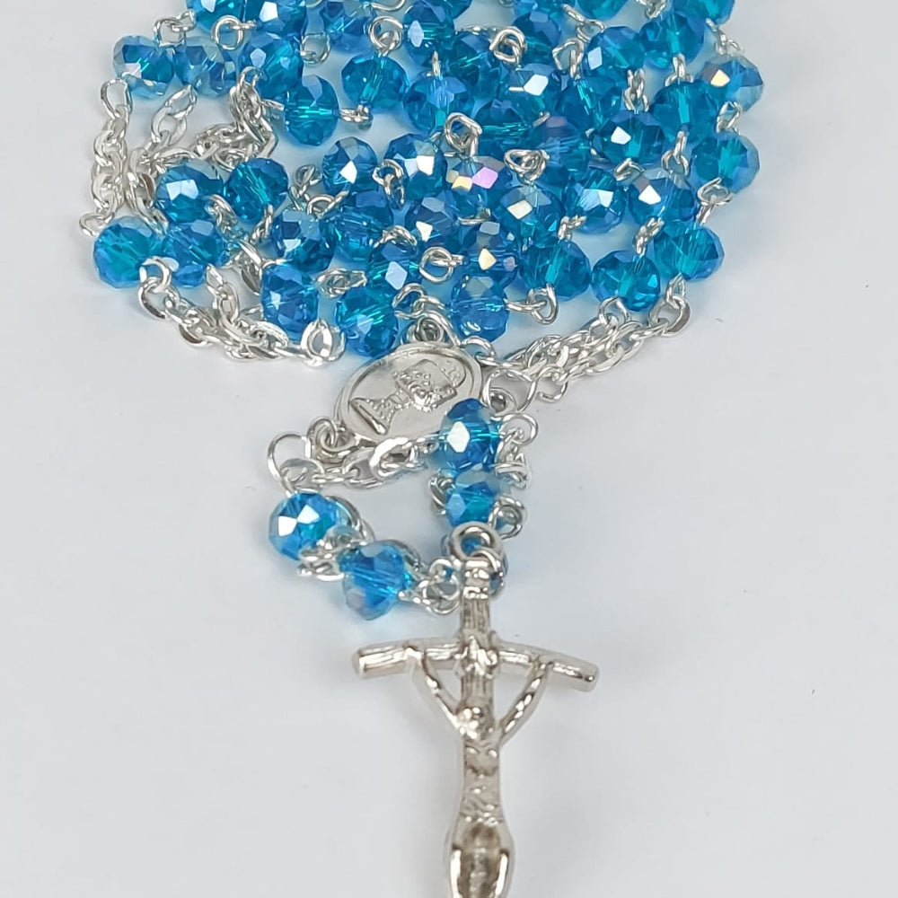 Blue Crystal Beads Wire Rosary - Beautiful Catholic Prayer Beads