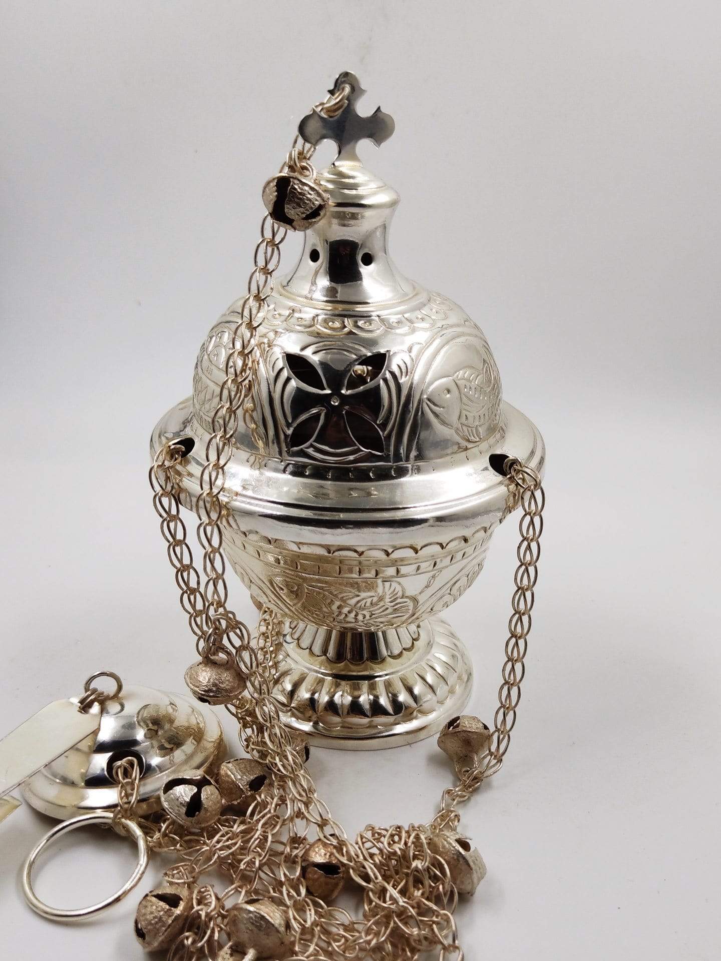 Living Words Church Articles Thurible with Chain bell Ornate Nickel Thurible