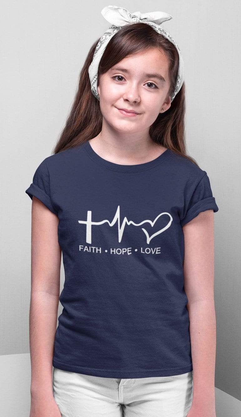 Living Words Kids Round Neck T Shirt Girl / 0-12 Mn / Navy Blue Faith Hope Love