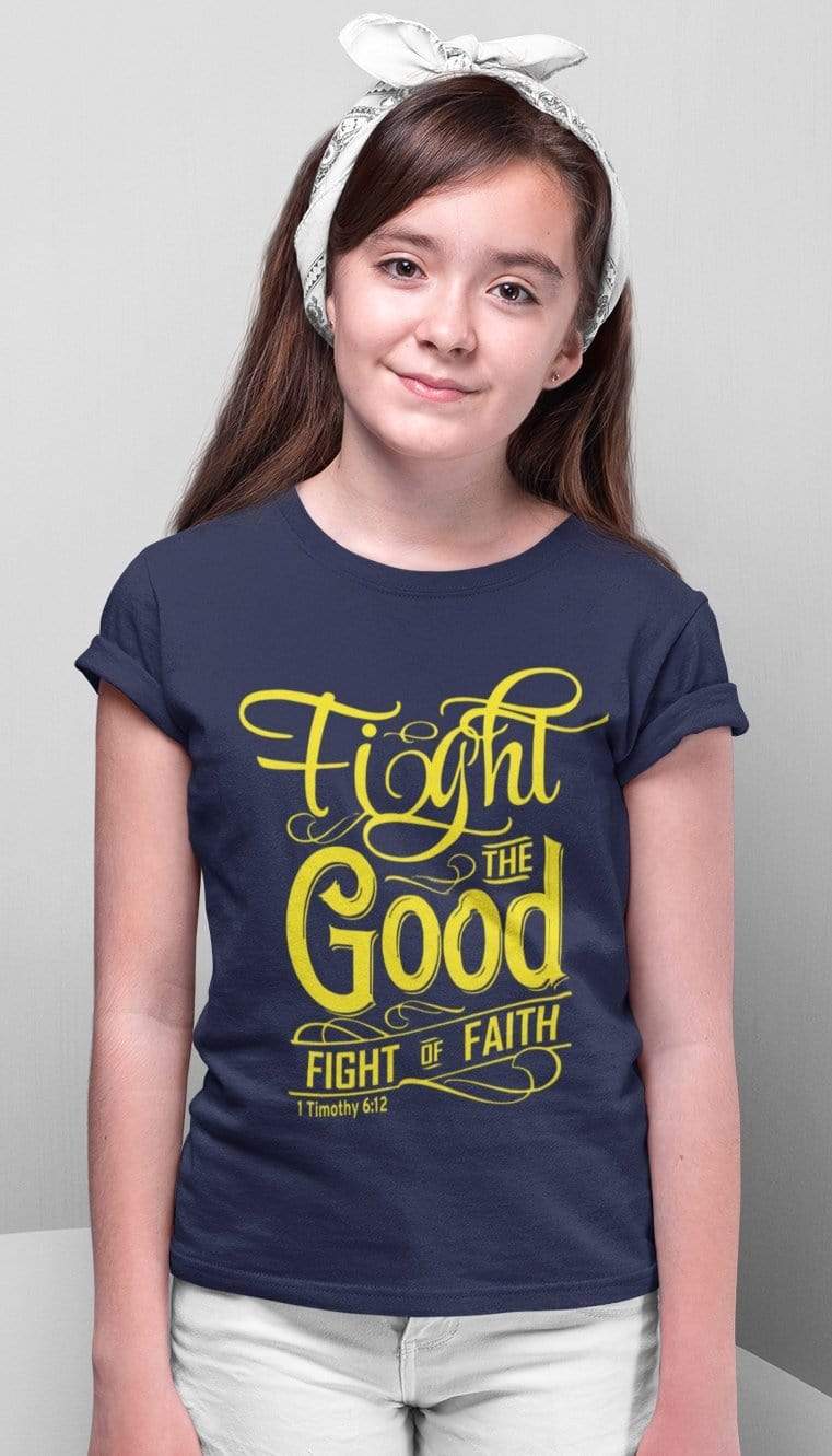 Living Words Kids Round Neck T Shirt Girl / 0-12 Mn / Navy Blue Fight the good - Retro