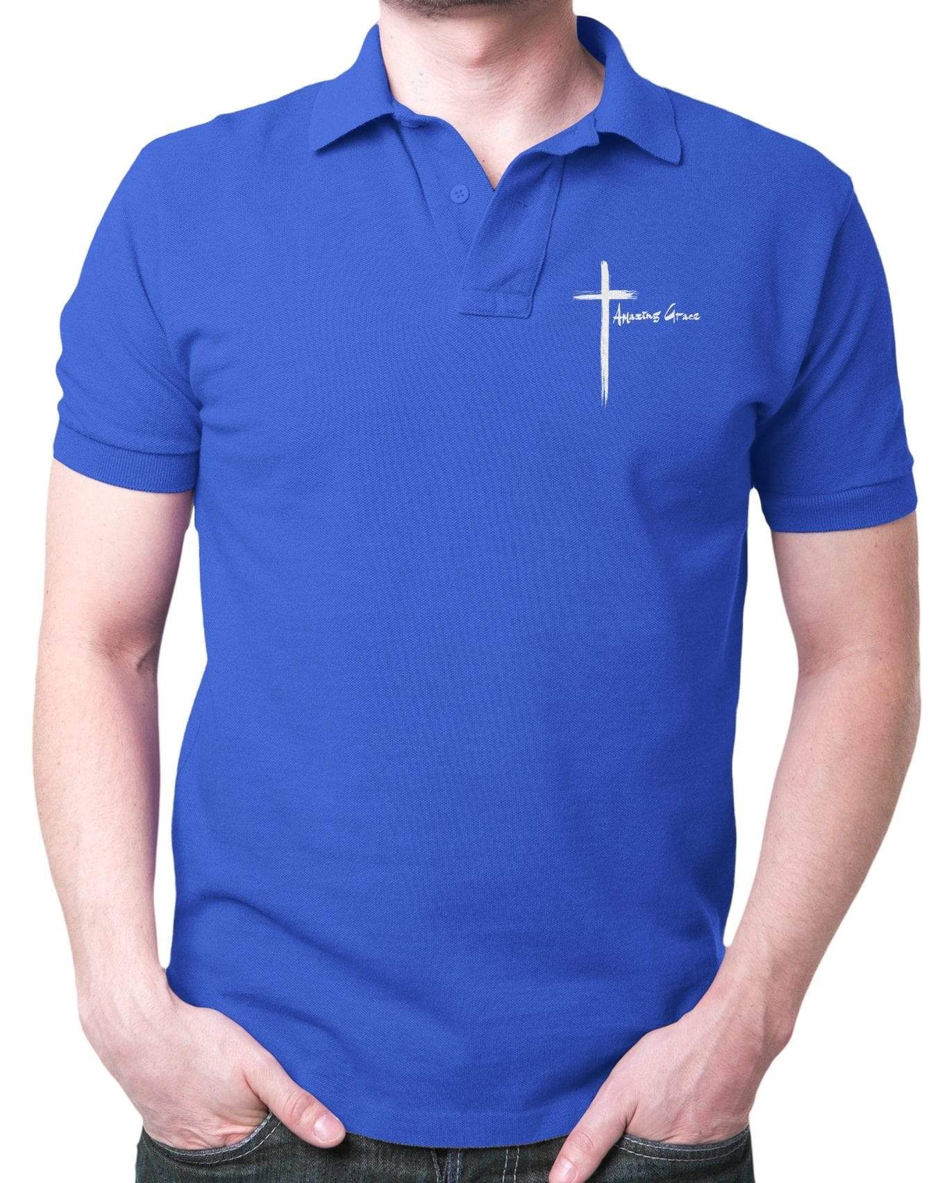 Living Words Men Polo T Shirt S / Royal Blue Amazing Grace Cross - Polo T Shirt