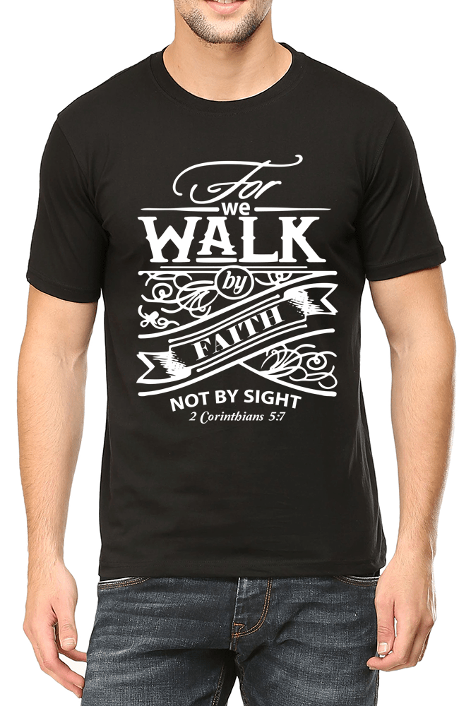 Living Words Men Round Neck T Shirt S / Black For we walk by Faith - Christian T-Shirt