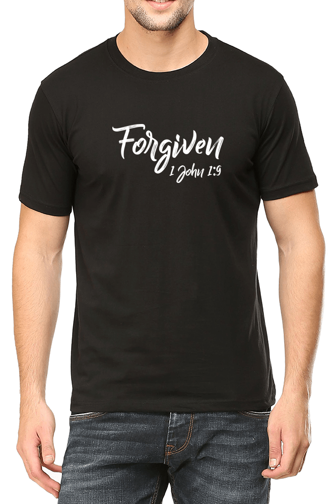 Living Words Men Round Neck T Shirt S / Black Forgiven 1 John 1:9 - Christian T-Shirt