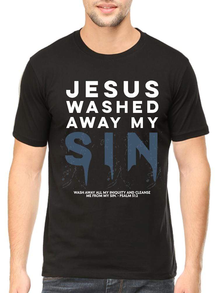 Living Words Men Round Neck T Shirt S / Black Jesus washed away my sins - Christian T-Shirt