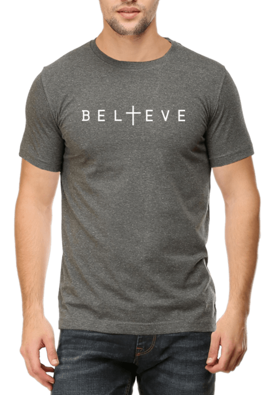 Living Words Men Round Neck T Shirt S / Charcoal Melange BELIEVE - CHRISTIAN T-SHIRT