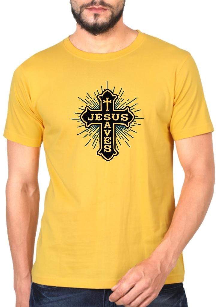 Living Words Men Round Neck T Shirt S / Golden Yellow Jesus saves - Christian T-Shirt
