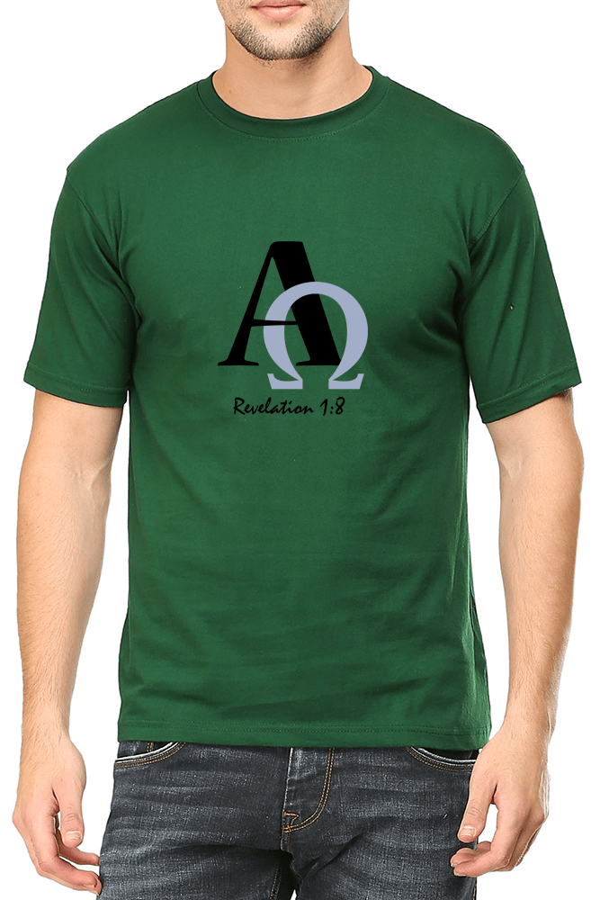 Living Words Men Round Neck T Shirt S / Green Alpha and Omega - Christian T-Shirt
