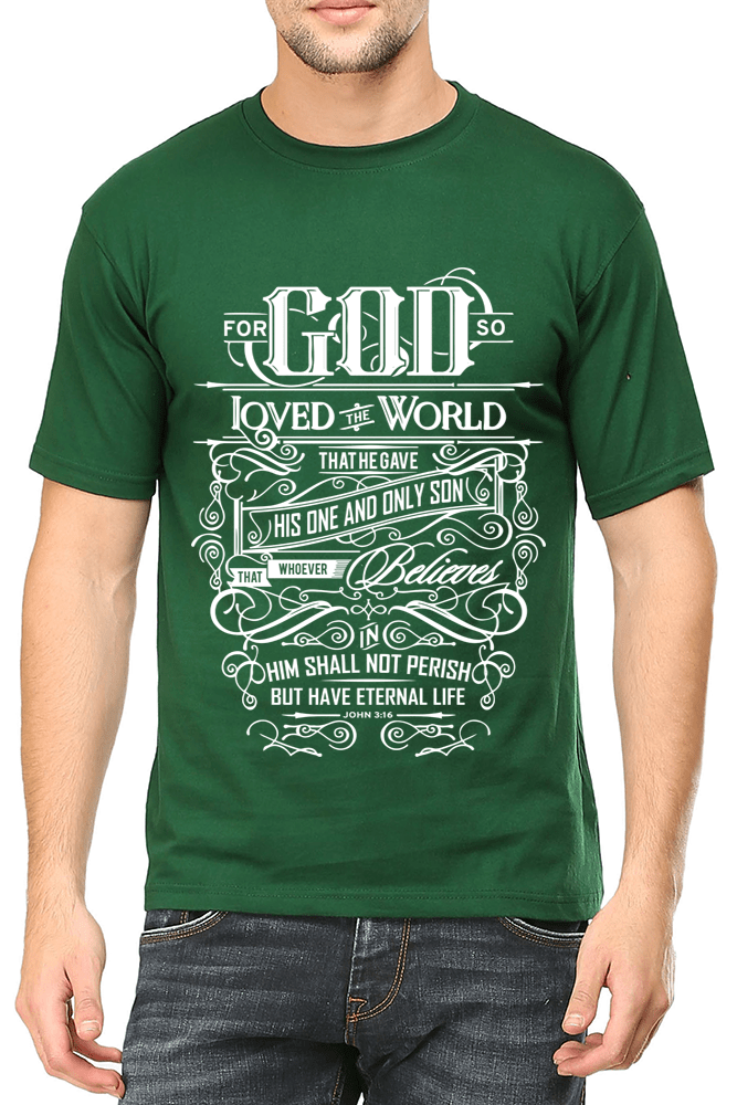 Living Words Men Round Neck T Shirt S / Green For God so loved the World - Christian T-Shirt