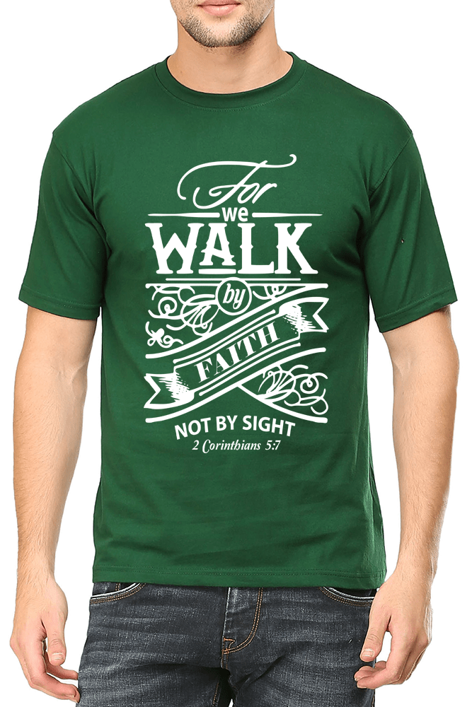 Living Words Men Round Neck T Shirt S / Green For we walk by Faith - Christian T-Shirt
