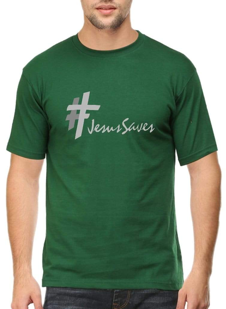 Living Words Men Round Neck T Shirt S / Green Jesus saves - Christian T-Shirt
