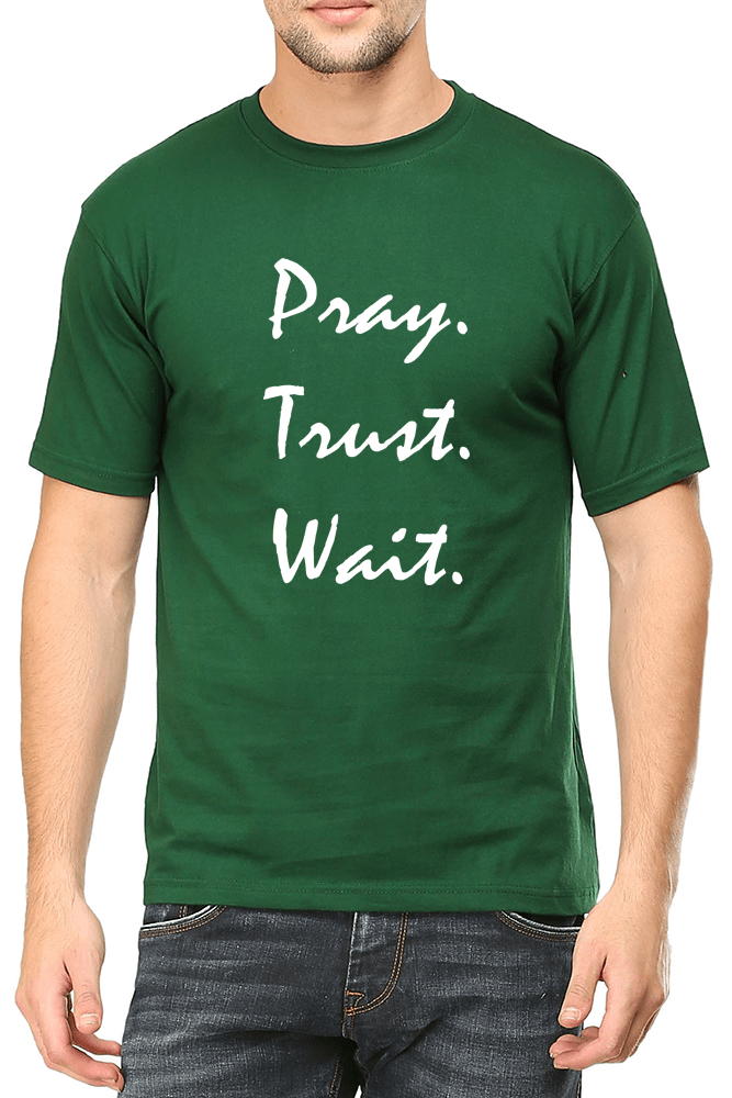 Living Words Men Round Neck T Shirt S / Green Pray Trust Wait - Christian T-Shirt