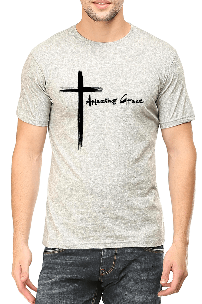 Living Words Men Round Neck T Shirt S / Grey Amazing Grace Cross - Christian T-Shirt