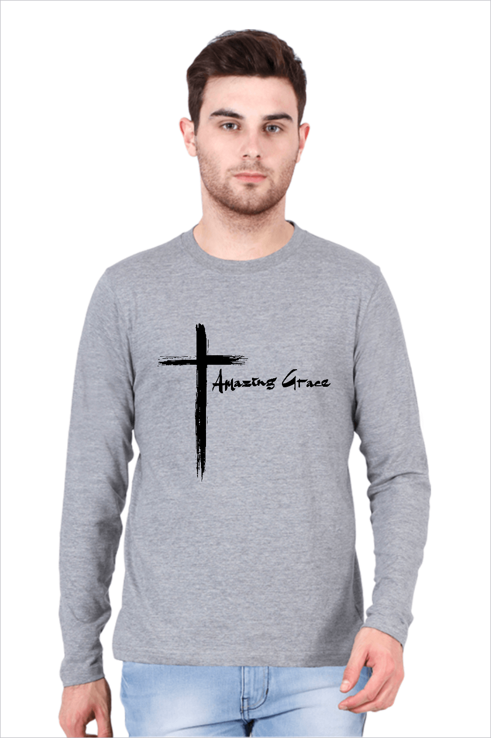 Living Words Men Round Neck T Shirt S / Grey Christian T Shirts Online India - Amazing Grace Cross