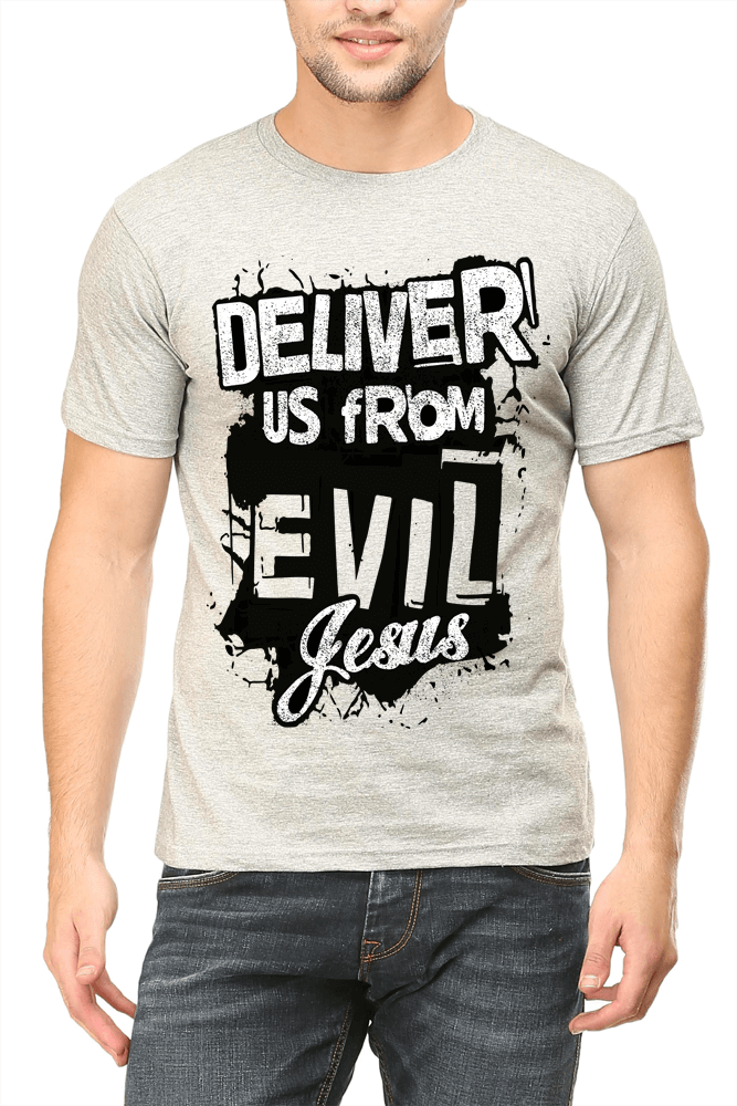 Living Words Men Round Neck T Shirt S / Grey Deliver us from evil - Christian T-Shirt