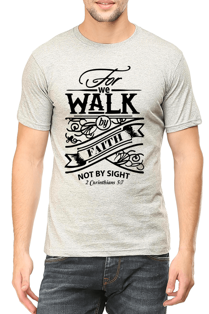 Living Words Men Round Neck T Shirt S / Grey For we walk by Faith - Christian T-Shirt