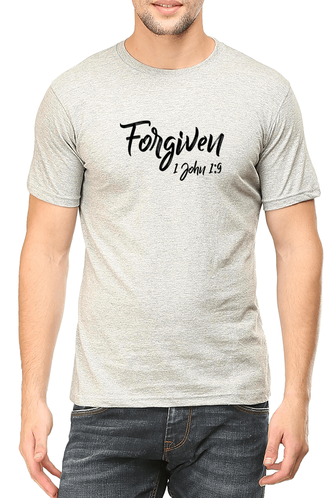 Living Words Men Round Neck T Shirt S / Grey Forgiven 1 John 1:9 - Christian T-Shirt