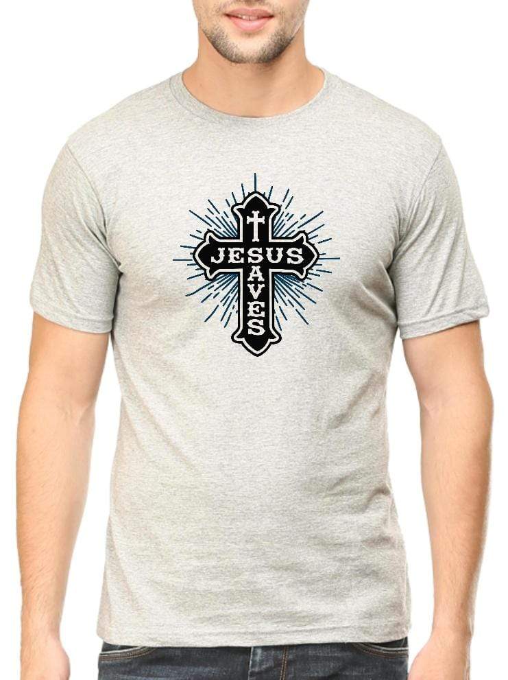 Living Words Men Round Neck T Shirt S / Grey Jesus saves - Christian T-Shirt