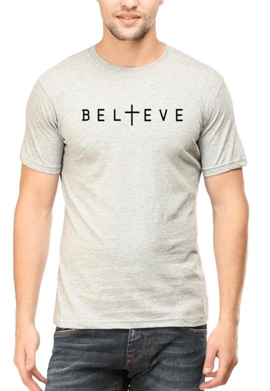 Living Words Men Round Neck T Shirt S / Grey Melange BELIEVE - CHRISTIAN T-SHIRT