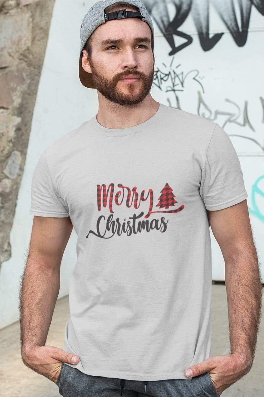 Living Words Men Round Neck T Shirt S / Grey Melange Merry Christmas Buffalo Plaid