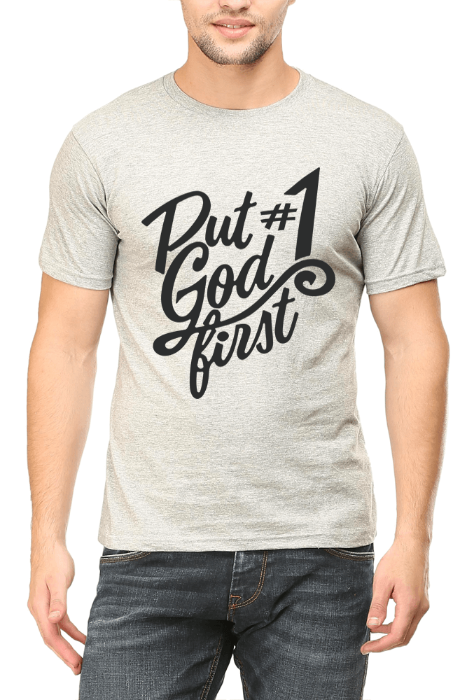 Living Words Men Round Neck T Shirt S / Grey Put God #1 - Christian T-Shirt