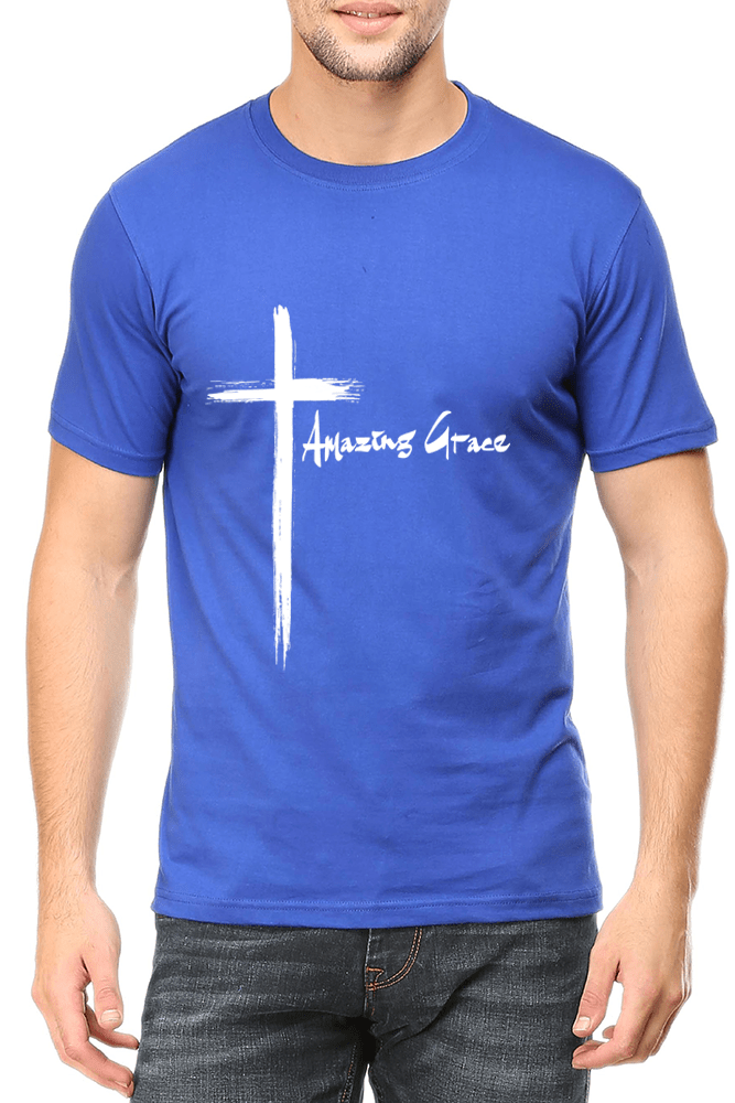 Living Words Men Round Neck T Shirt S / Light Blue Amazing Grace Cross - Christian T-Shirt