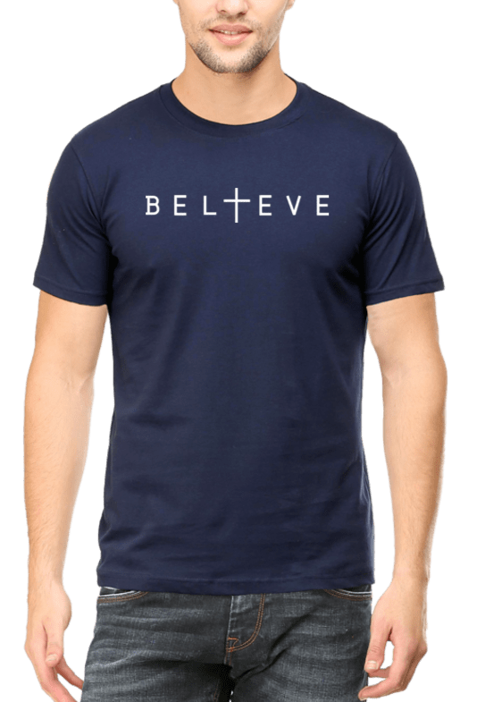 Living Words Men Round Neck T Shirt S / Navy Blue BELIEVE - CHRISTIAN T-SHIRT