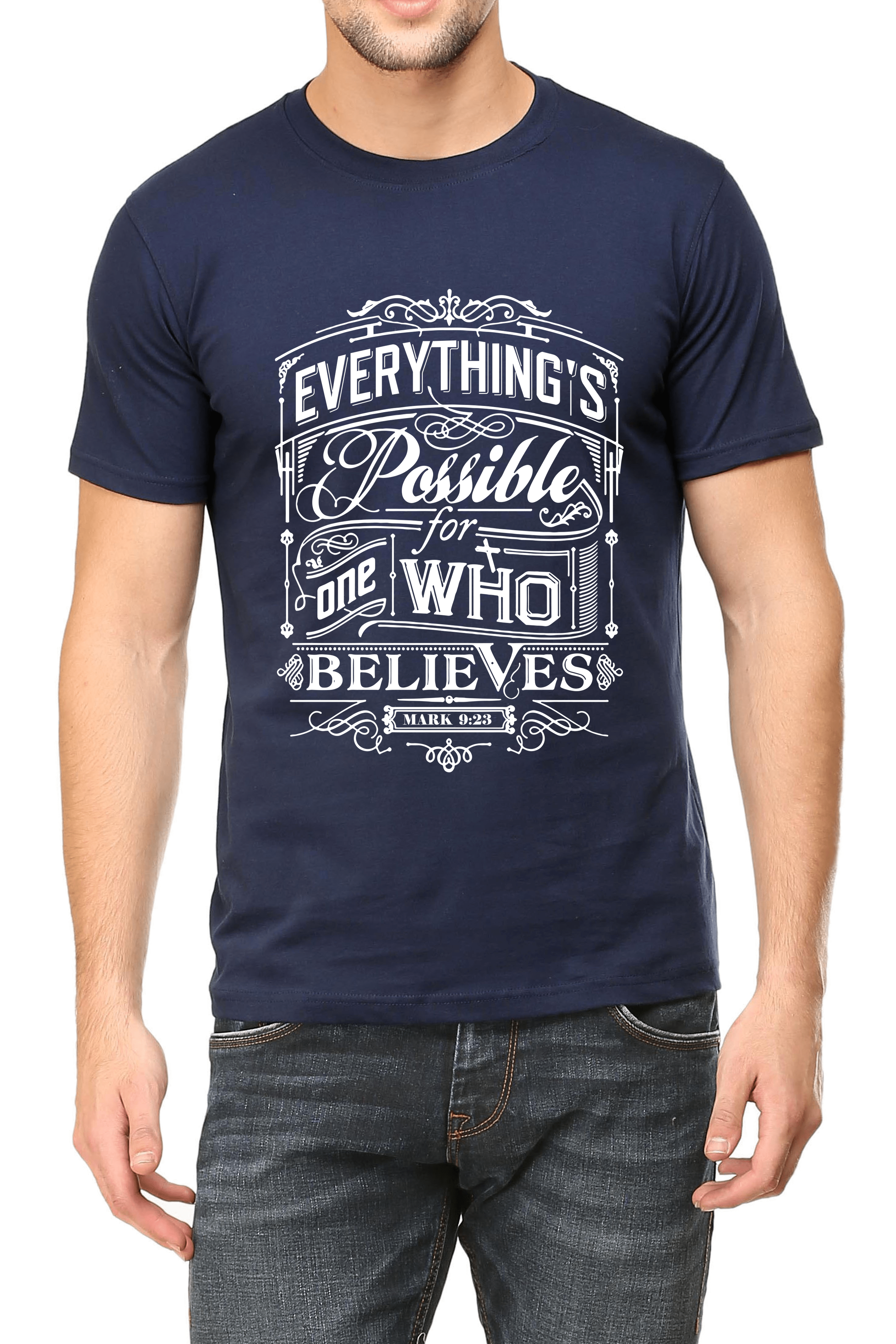 Living Words Men Round Neck T Shirt S / Navy Blue Everything possible - Christian T-Shirt