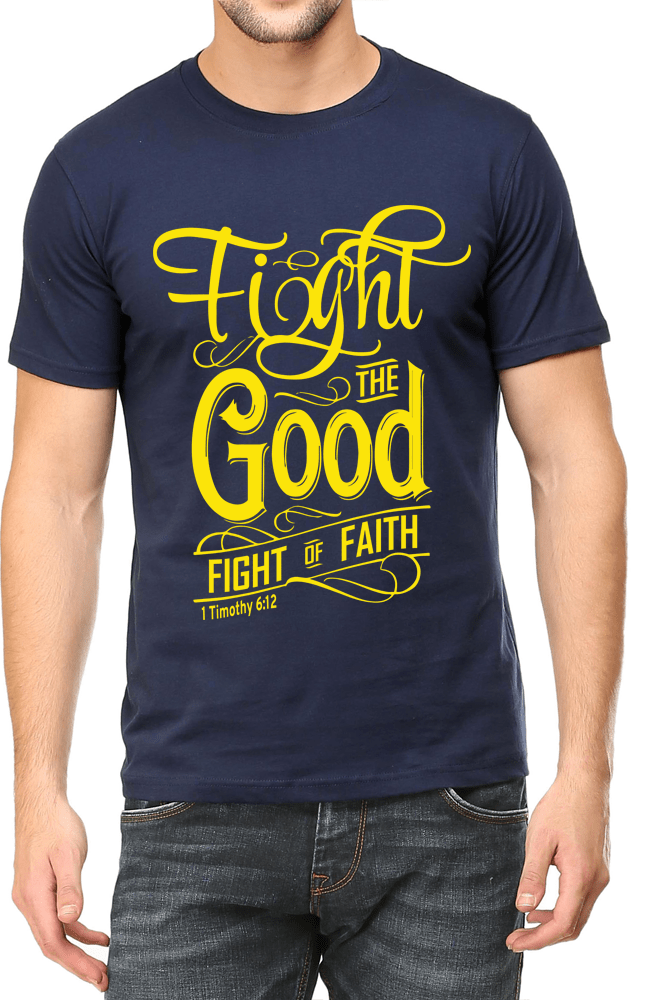 Living Words Men Round Neck T Shirt S / Navy Blue Fight the good (retro) - Christian T-Shirt