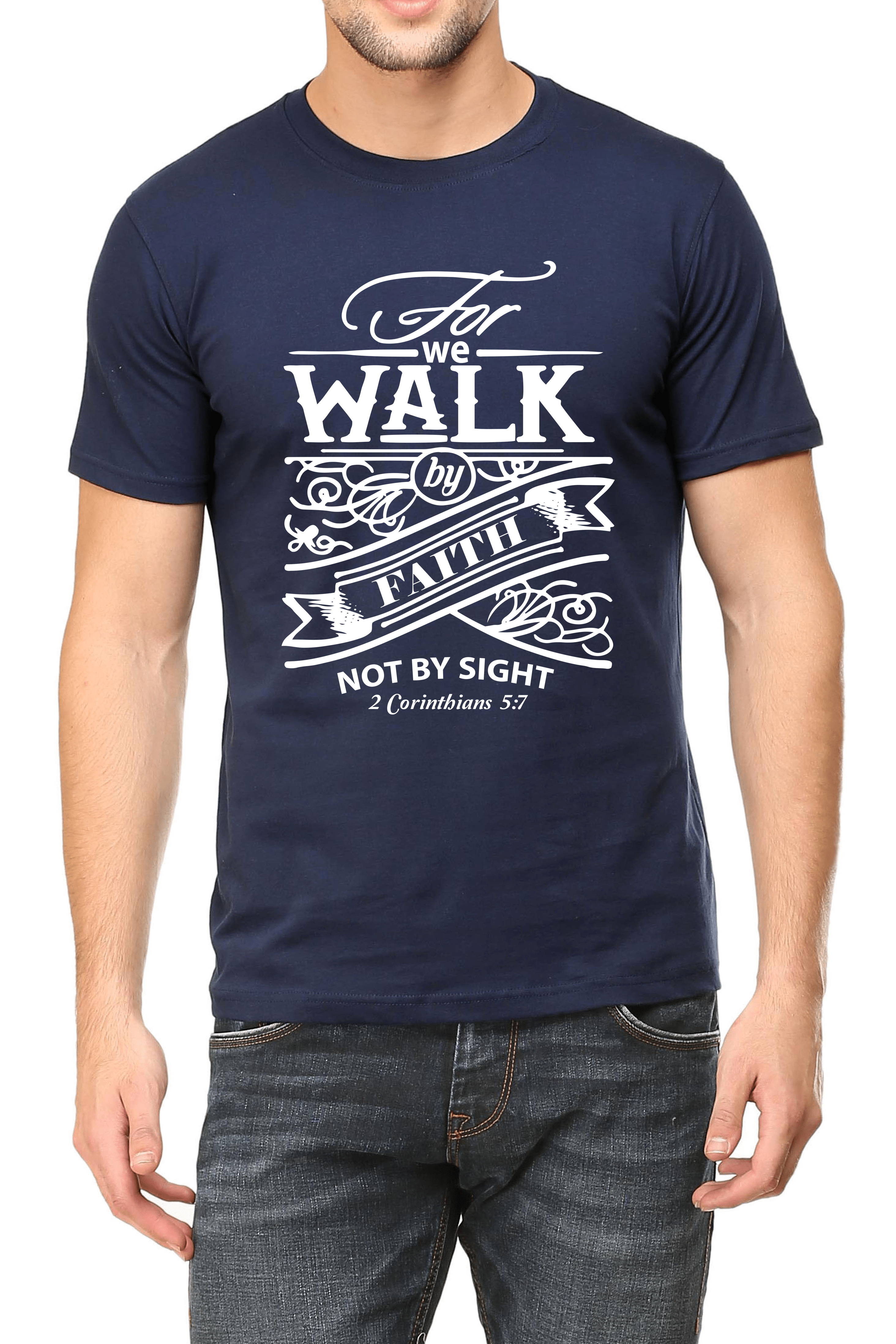 Living Words Men Round Neck T Shirt S / Navy Blue For we walk by Faith - Christian T-Shirt