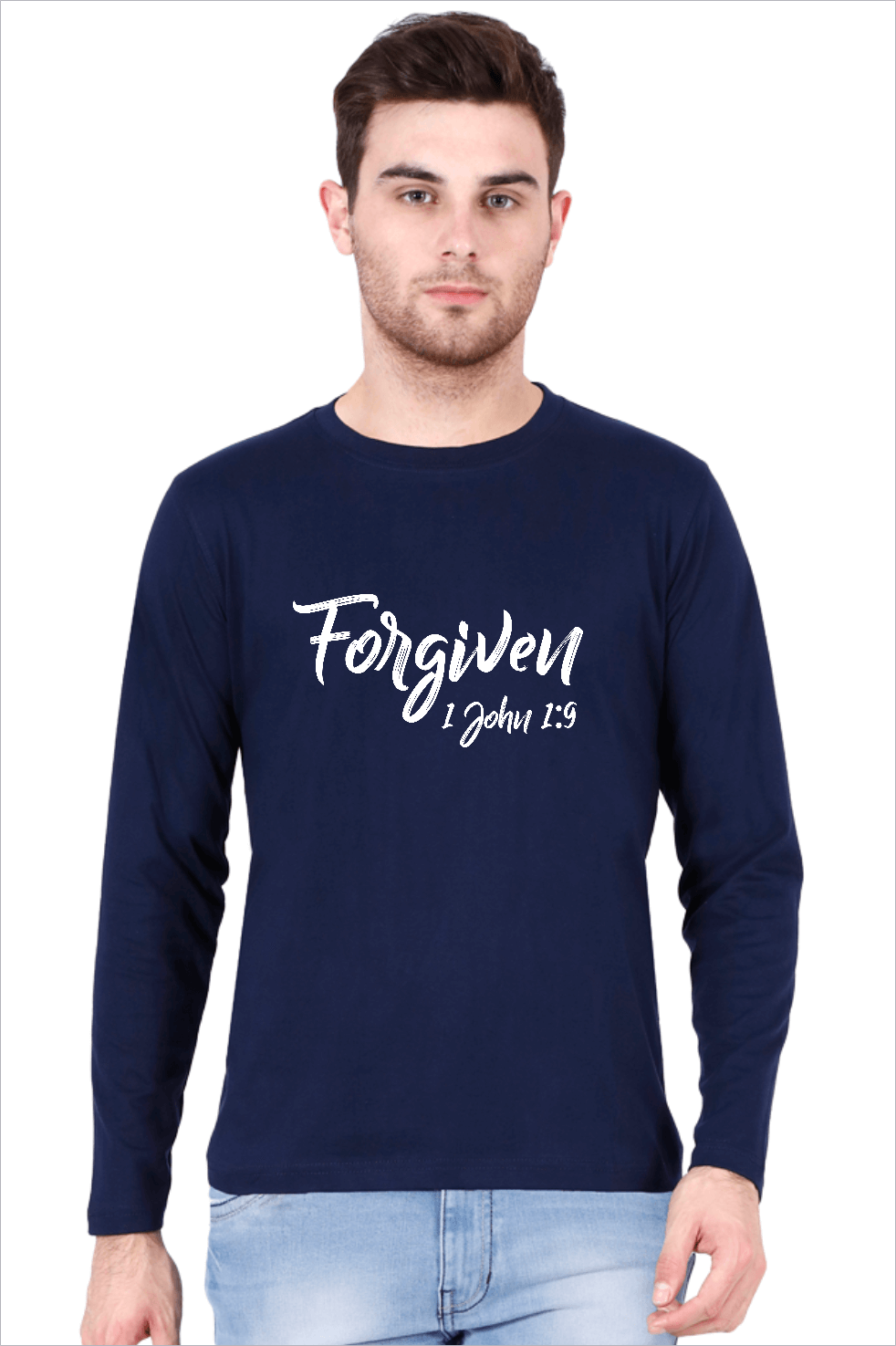 Living Words Men Round Neck T Shirt S / Navy Blue Forgiven 1 John 1:9