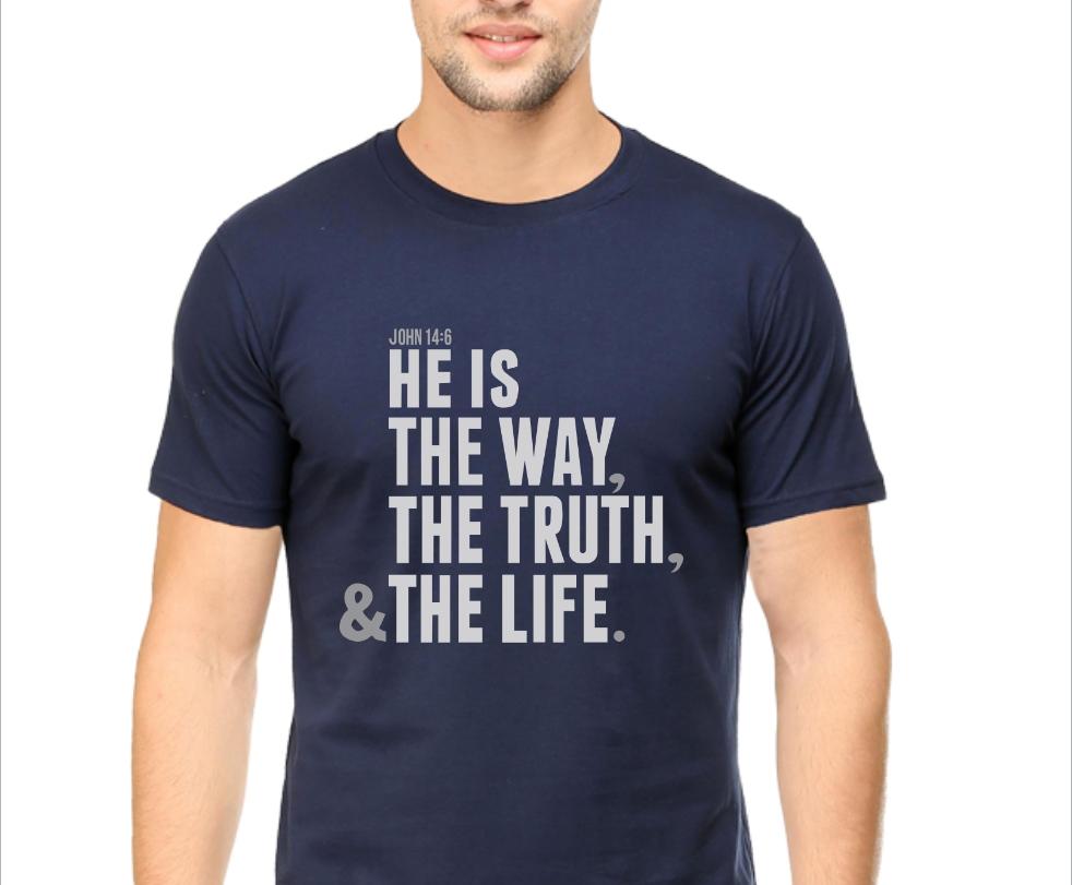Living Words Men Round Neck T Shirt S / Navy Blue He is the way - Christian T-Shirt