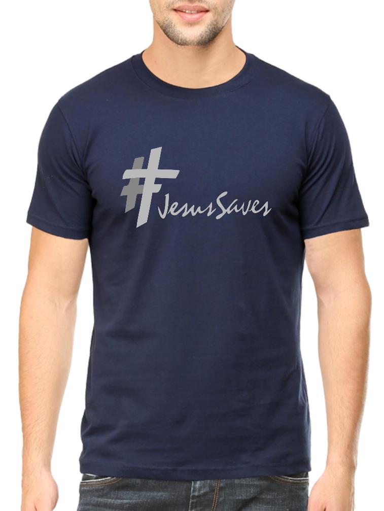 Living Words Men Round Neck T Shirt S / Navy Blue Jesus saves - Christian T-Shirt