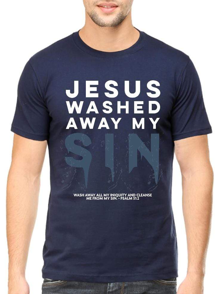Living Words Men Round Neck T Shirt S / Navy Blue Jesus washed away my sins - Christian T-Shirt