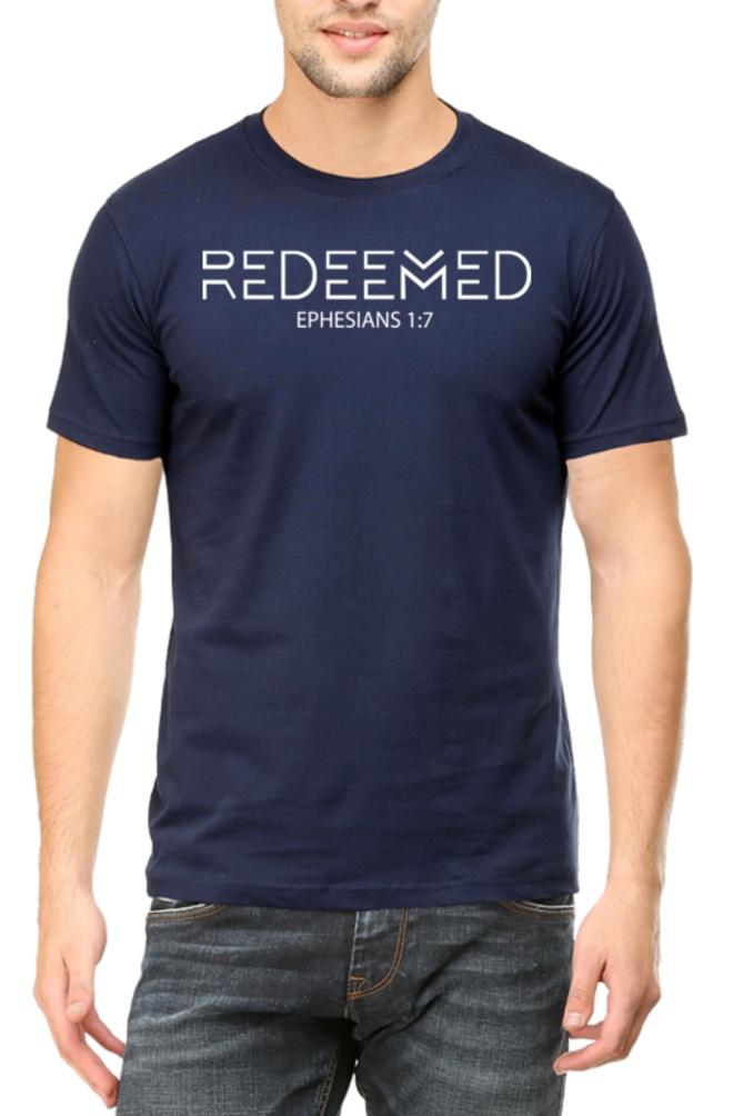 Living Words Men Round Neck T Shirt S / Navy Blue REDEEMED -  Christian T-Shirt